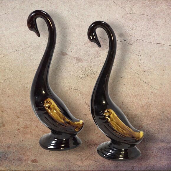 Vintage Japan Redware Pottery Swan Figurines Set 2 Brown Drip Glaze Mid Century - Picture 4 of 12